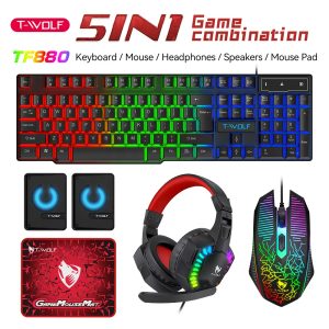 T-WOLF TF880 5IN1 Wired Gaming Keyboard Mouse Mousepad Headset Headphones Speaker Combos Set 104 Keys Gaming Keyboard Set for Pc